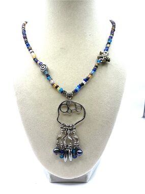 Medusa Jellyfish Multicolor Blue Beaded Pendant Necklace with Silver Charm